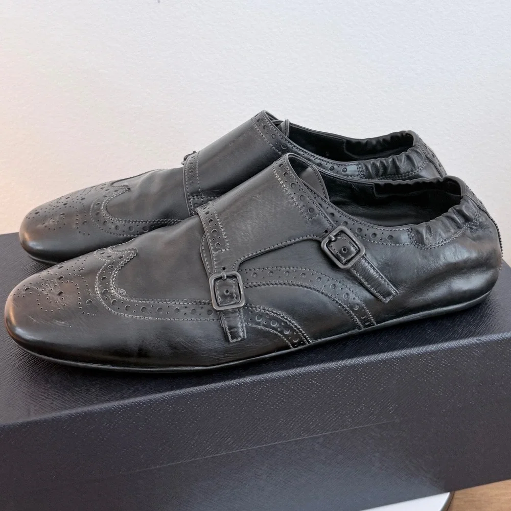 Prada 2EG469 Mens Leather Double Monk Strap Wingtip Shoes Grey Black UK 9